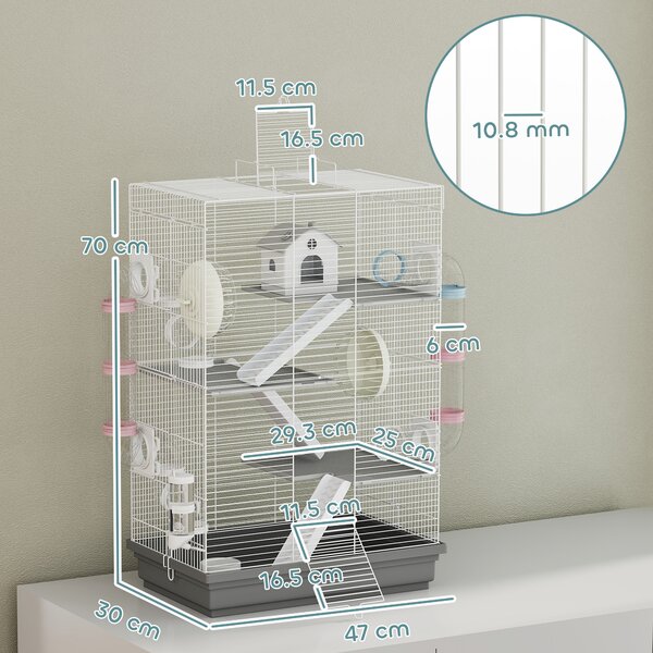 PawHut Gabbia per Criceti a 4 Livelli e 16 Tubi con Casetta, Rampa, e Accessori, in Metallo e Plastica, 47x30x70 cm, Grigio | Aosom Italy