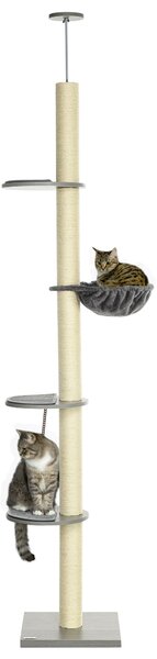 PawHut Albero per Gatti con Amaca, incluso Fermaglio a Soffitto, Albero Alto fino al Soffitto, 40 cm x 40 m x 250 cm, Grigio + Bianco crema