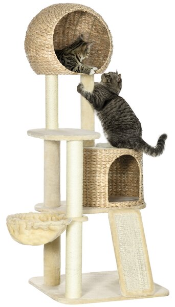 PawHut Albero per gatti, con casa per gatti, diverse piattaforme, amaca, tappetino per graffiare, dispositivo di sicurezza antiribaltamento, beige, 60 x 60 x 150cm