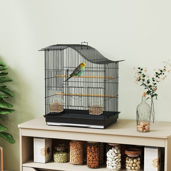 PawHut Gabbia per Uccelli a 4 Porte con 2 Ciotole, 2 Posatoi e Vassoio, in Metallo e Plastica, 47.5x36x54.5 cm, Nero | Aosom Italy
