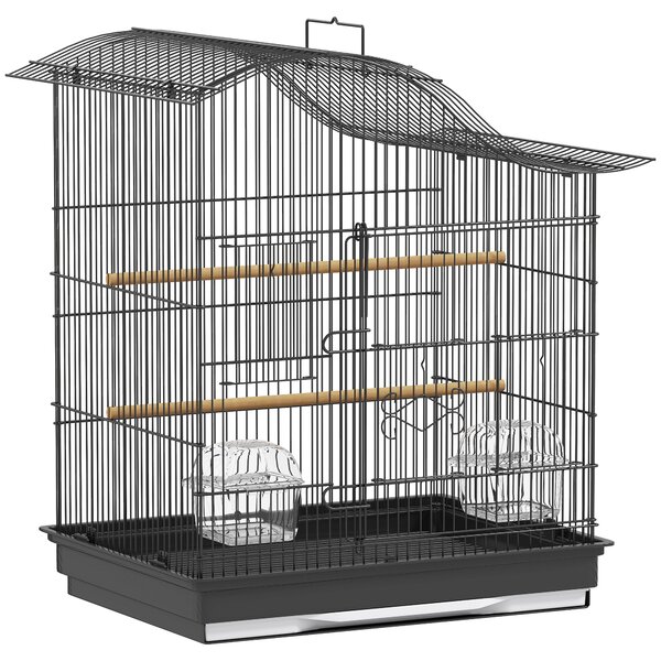 PawHut Gabbia per Uccelli a 4 Porte con 2 Ciotole, 2 Posatoi e Vassoio, in Metallo e Plastica, 47.5x36x54.5 cm, Nero | Aosom Italy