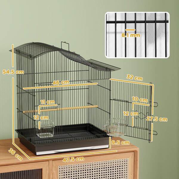 PawHut Gabbia per Uccelli a 4 Porte con 2 Ciotole, 2 Posatoi e Vassoio, in Metallo e Plastica, 47.5x36x54.5 cm, Nero | Aosom Italy