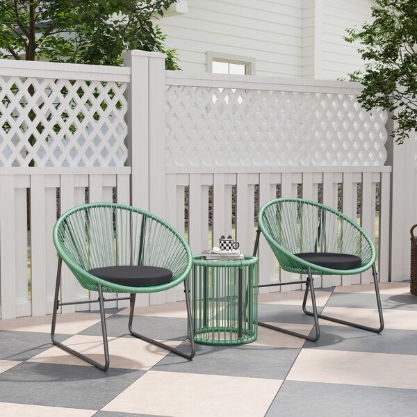 Outsunny Set mobili da esterno 3 pezzi, 1 Tavolo, 2 Sedie, Piano in vetro, Rattan sintetico avvolto intorno a telai in acciaio, Cuscini soffici, Verde