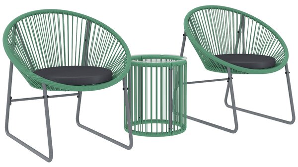 Outsunny Set mobili da esterno 3 pezzi, 1 Tavolo, 2 Sedie, Piano in vetro, Rattan sintetico avvolto intorno a telai in acciaio, Cuscini soffici, Verde