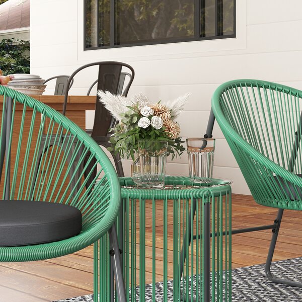 Outsunny Set mobili da esterno 3 pezzi, 1 Tavolo, 2 Sedie, Piano in vetro, Rattan sintetico avvolto intorno a telai in acciaio, Cuscini soffici, Verde