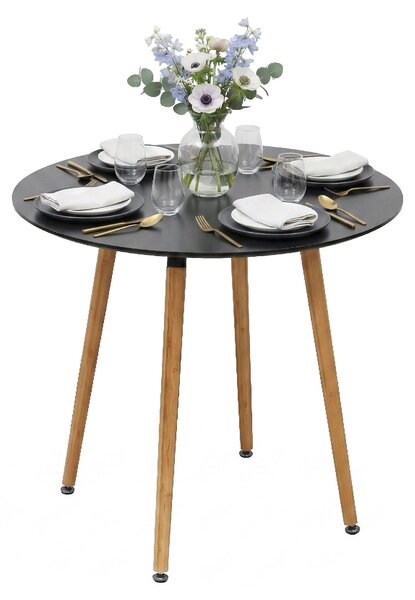 Tavolo da pranzo Relaxdays, rotondo, A x P: 75 x 80 cm, MDF e bambù, per 4 persone, tavolo da pranzo in stile scandinavo, nero/naturale