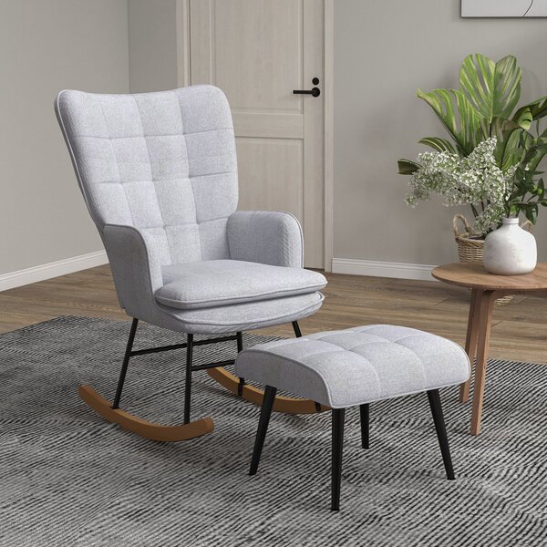 HOMCOM Sedia a Dondolo con Pouf Design Scandinavo, Sedia a Dondolo con Poggiapiedi, Legno di Faggio, Trapuntatura, 64 cm x 89 cm x 90 cm Grigio Chiaro