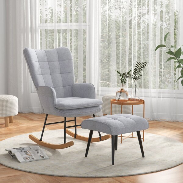 HOMCOM Sedia a Dondolo con Pouf Design Scandinavo, Sedia a Dondolo con Poggiapiedi, Legno di Faggio, Trapuntatura, 64 cm x 89 cm x 90 cm Grigio Chiaro