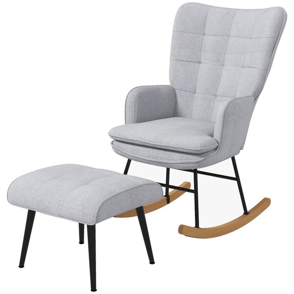 HOMCOM Sedia a Dondolo con Pouf Design Scandinavo, Sedia a Dondolo con Poggiapiedi, Legno di Faggio, Trapuntatura, 64 cm x 89 cm x 90 cm Grigio Chiaro