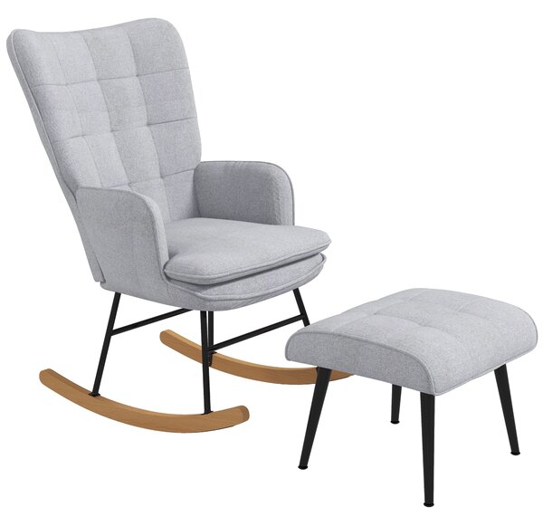 HOMCOM Sedia a Dondolo con Pouf Design Scandinavo, Sedia a Dondolo con Poggiapiedi, Legno di Faggio, Trapuntatura, 64 cm x 89 cm x 90 cm Grigio Chiaro
