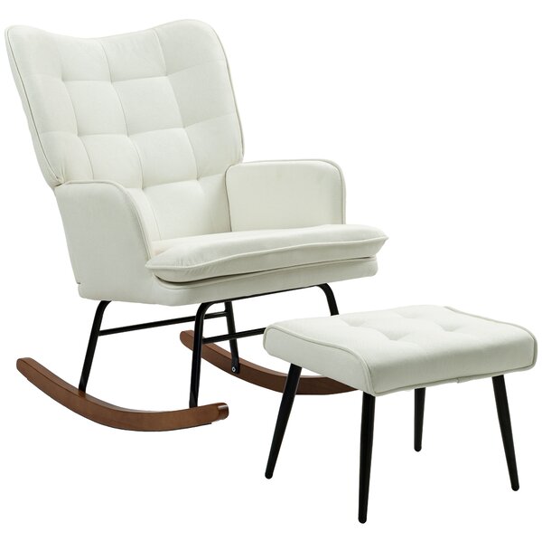 HOMCOM Poltrona a Dondolo con Poggiapiedi, sistema di dondolo morbido, Effetto Lino, 64 x 89 x 90 cm, Crema
