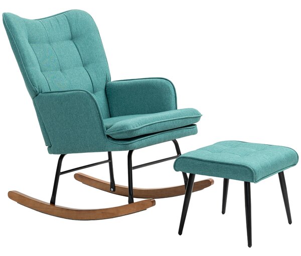 HOMCOM Poltrona a Dondolo con Poggiapiedi, Ampia Seduta, Alto Schienale, Imitazione Lino, Verde Menta