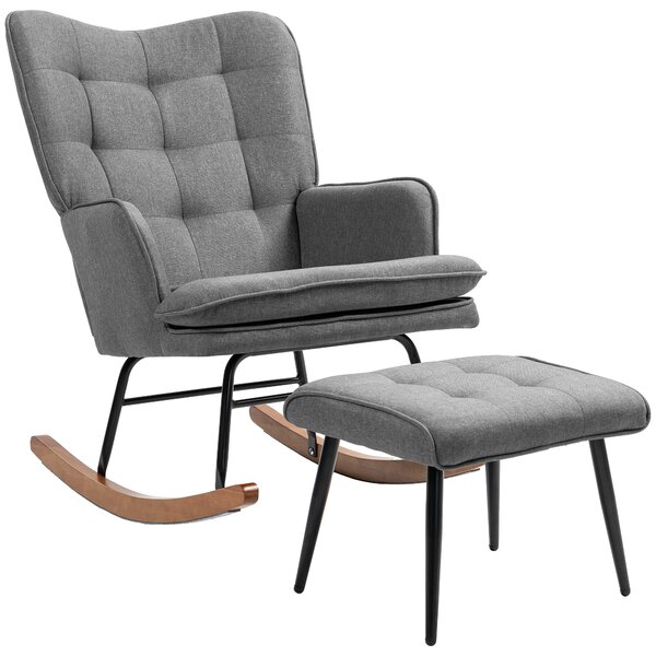 HOMCOM Poltrona a Dondolo con Poggiapiedi, Comfort fino a 130 kg, Effetto Lino, 64x89x90cm, Grigio Scuro