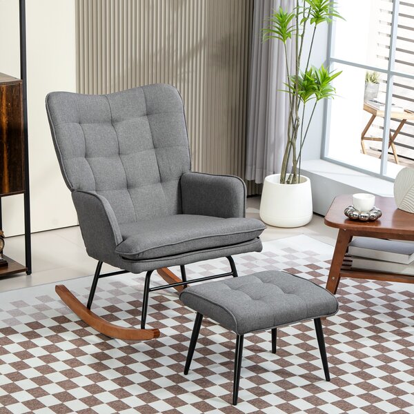 HOMCOM Poltrona a Dondolo con Poggiapiedi, Comfort fino a 130 kg, Effetto Lino, 64x89x90cm, Grigio Scuro