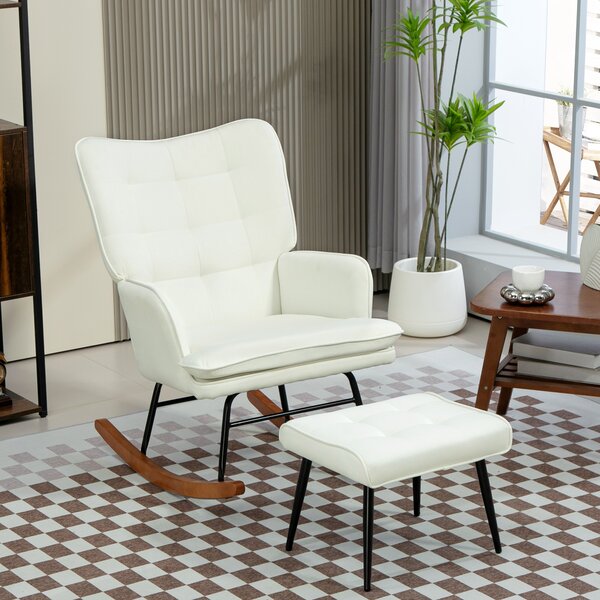 HOMCOM Poltrona a Dondolo con Poggiapiedi, sistema di dondolo morbido, Effetto Lino, 64 x 89 x 90 cm, Crema