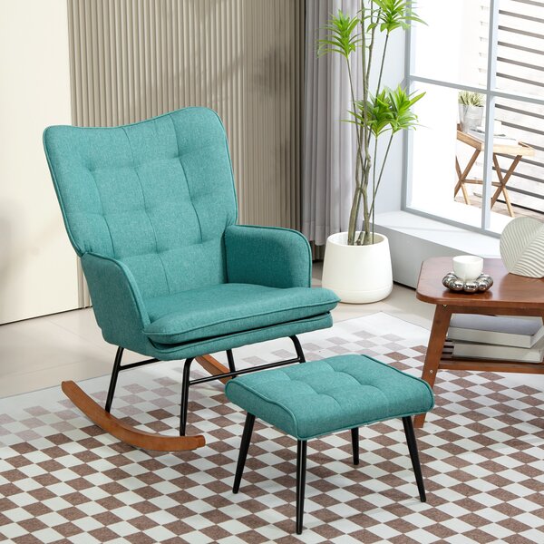 HOMCOM Poltrona a Dondolo con Poggiapiedi, Ampia Seduta, Alto Schienale, Imitazione Lino, Verde Menta