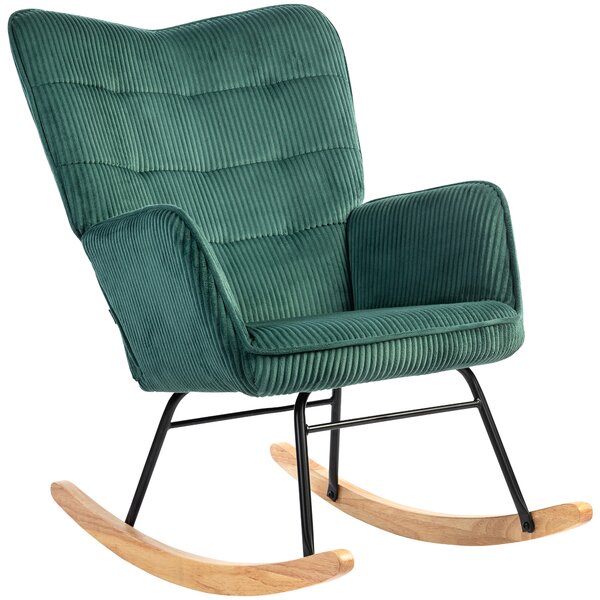 HOMCOM Poltrona Dondolo, Scioline in Faggio, Imbottitura Spessa, Verde Scuro, fino a 120 kg