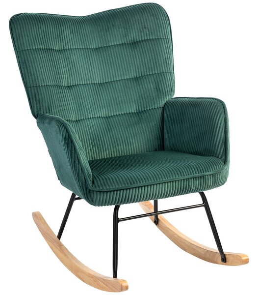 HOMCOM Poltrona Dondolo, Scioline in Faggio, Imbottitura Spessa, Verde Scuro, fino a 120 kg