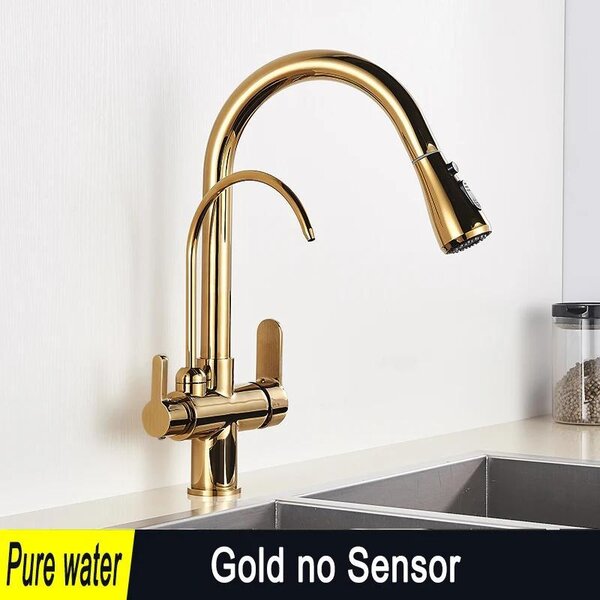 Miscelatore da cucina estraibile, con due manopole - Rubinetto con filtro dell'acqua, girevole a 360° - Montaggio a foro singolo - Ottone - Finitura dorata