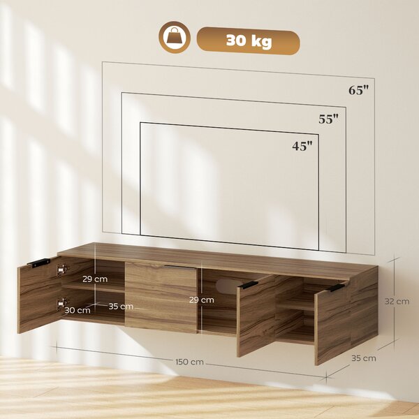HOMCOM Mobile Porta TV Sospeso fino 65" con 3 Armadietti in Stile Industriale, Marrone Rustico | Aosom Italy