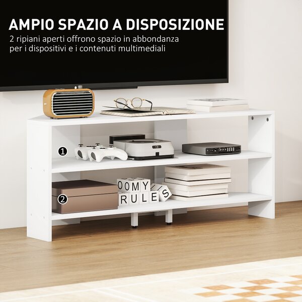 HOMCOM Mobile TV ad Angolo per 47" max con 2 Ripiani Aperti, in Legno, 110x36x45 cm, Bianco | Aosom Italy