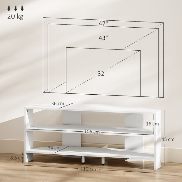 HOMCOM Mobile TV ad Angolo per 47" max con 2 Ripiani Aperti, in Legno, 110x36x45 cm, Bianco | Aosom Italy