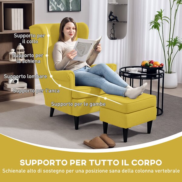 HOMCOM Poltrona con Poggiapiedi in Stile Contemporaneo, in Tessuto Effetto Lino e Legno di Caucciù, 75x83x104 cm, Giallo | Aosom Italy