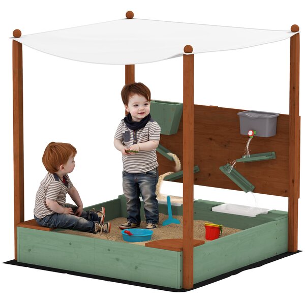 AIYAPLAY Sandbox con tettoia solare per bambini, 2 contenitori per conservazione, 116L x 112,5P x 128H cm, Legno di pino, Plastica, Verde | Aosom Italy