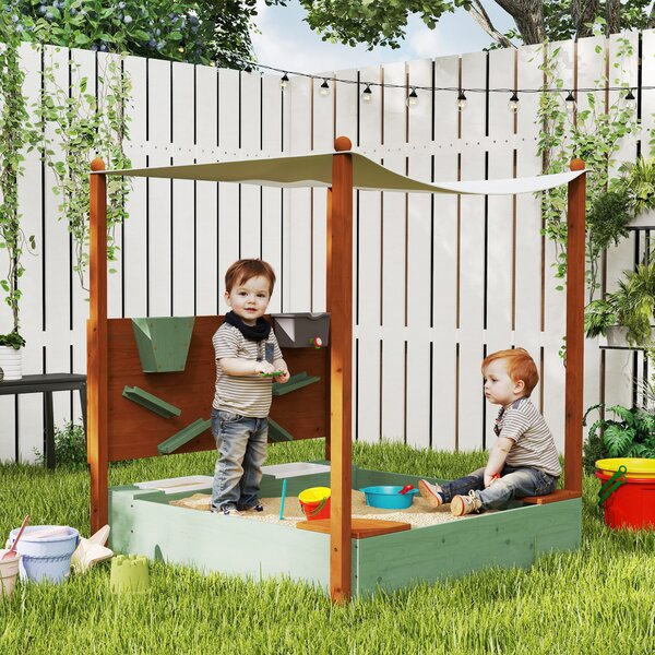 AIYAPLAY Sandbox con tettoia solare per bambini, 2 contenitori per conservazione, 116L x 112,5P x 128H cm, Legno di pino, Plastica, Verde | Aosom Italy