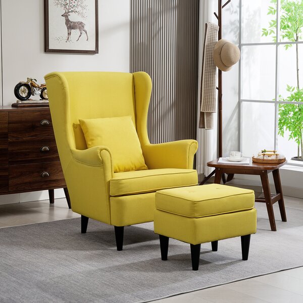 HOMCOM Poltrona con Poggiapiedi in Stile Contemporaneo, in Tessuto Effetto Lino e Legno di Caucciù, 75x83x104 cm, Giallo | Aosom Italy