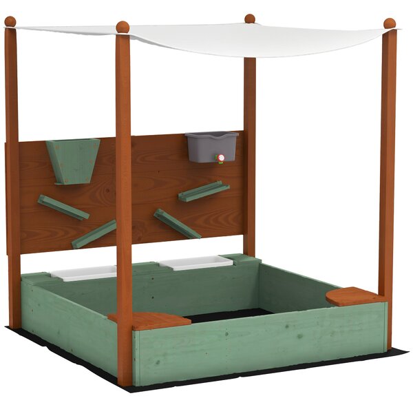 AIYAPLAY Sandbox con tettoia solare per bambini, 2 contenitori per conservazione, 116L x 112,5P x 128H cm, Legno di pino, Plastica, Verde | Aosom Italy