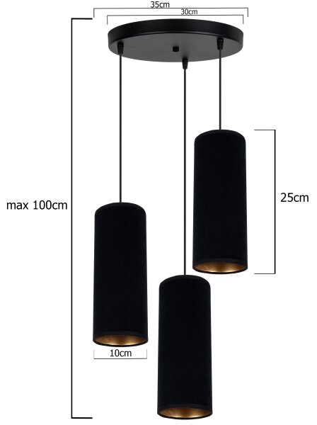 Lampadario a sospensione con filo AVALO 3xE27/60W/230V diametro 35 cm nero