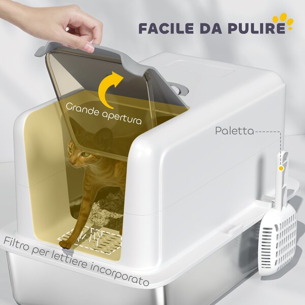 PawHut Lettiera per Gatti Chiusa con Vassoio in Acciaio, Paletta e Sacchetti Filtranti, in PP, 40.5x60.5x41.5 cm | Aosom Italy