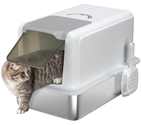 Lettiera per Gatti Chiusa 40,5x60,5x41,5 cm con Vassoio in Acciaio in PP Bianco e Argento