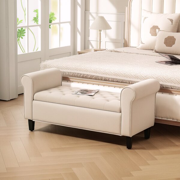 HOMCOM Panca Fondo Letto in Tessuto Vellutato con Spazio Portaoggetti e Braccioli, 126x48.5x57 cm, Beige | Aosom Italy