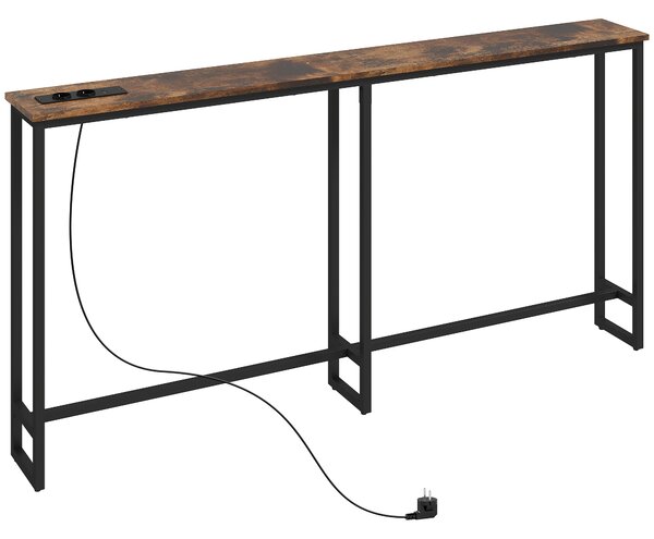 HOMCOM Tavolo Consolle in Stile Industriale con Stazione di Ricarica, in Legno e Acciaio, 160x20x80 cm, Marrone