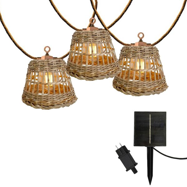 Stringa luminosa da esterno collegabile con 10 paralumi in rattan naturale SAMOA LIGHT HYBRID LED bianco caldo 8m alimentata a energia solare e di rete