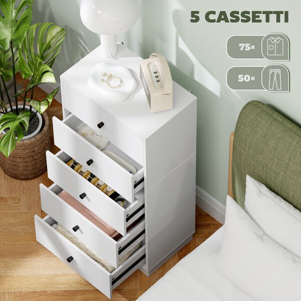 HOMCOM Cassettiera Camera da Letto Moderna e Salvaspazio, con 5 Cassetti e Dispositivo Antiribaltamento, 47x29x95 cm, Bianco | Aosom Italy