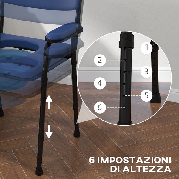 HOMCOM Sedia Comoda 5 in 1 per Anziani e Disabili per WC e Doccia, Altezza Regolabile e Secchio Rimovibile, Blu