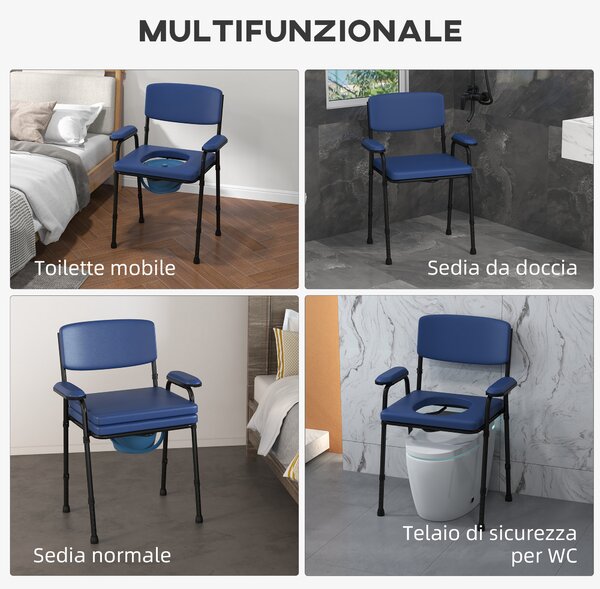 HOMCOM Sedia Comoda 5 in 1 per Anziani e Disabili per WC e Doccia, Altezza Regolabile e Secchio Rimovibile, Blu