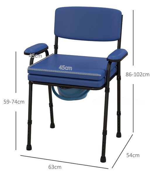 HOMCOM Sedia Comoda 5 in 1 per Anziani e Disabili per WC e Doccia, Altezza Regolabile e Secchio Rimovibile, Blu