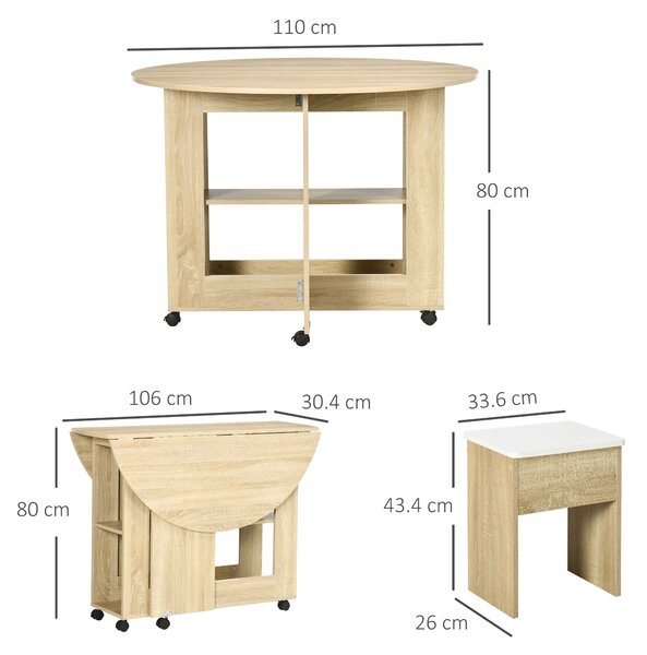 HOMCOM Set Tavolo e Sedie 5 Pezzi in Truciolato, Tavolo Rotondo con 2 Ripiani Aperti e 4 Sgabelli Moderni