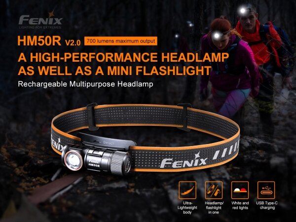 Fenix HM50RV20-Lampada frontale LED ricaricabile 3xLED/USB/1xCR123A IP68 700 lucente 120 h 700 mAh