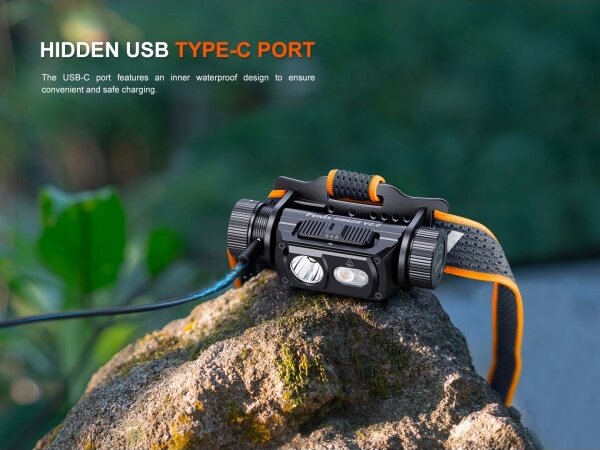Fenix HM60RV20 - Lampada frontale a LED ricaricabile dimmerabile, ricarica USB, 4000 mAh, IP68, 1600 lm, autonomia fino a 292 h, arancione