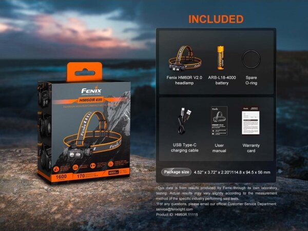 Fenix HM60RV20 - Lampada frontale a LED ricaricabile dimmerabile, ricarica USB, 4000 mAh, IP68, 1600 lm, autonomia fino a 292 h, arancione
