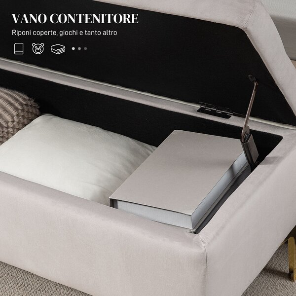HOMCOM Panca Fondo Letto in Tessuto Vellutato con Vano Contenitore, Gambe in Metallo Dorato e Piedini Antiscivolo, 120x44x44.5cm, Grigio Chiaro|Aosom