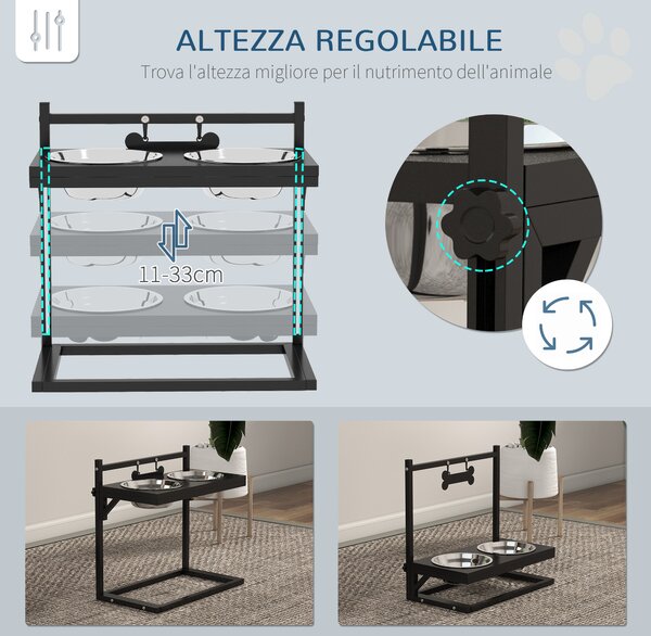 PawHut Portaciotole per Cani Rialzata con Altezza Regolabile, 2 Ciotole in Acciaio da 900ml, Nero|Aosom
