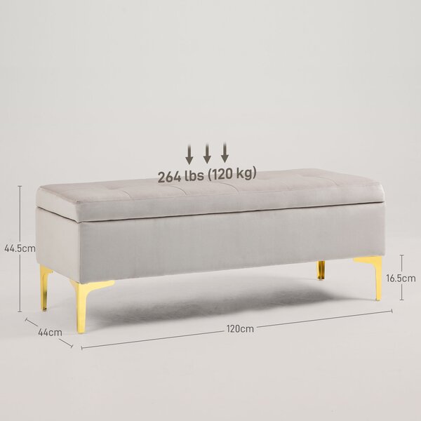 HOMCOM Panca Fondo Letto in Tessuto Vellutato con Vano Contenitore, Gambe in Metallo Dorato e Piedini Antiscivolo, 120x44x44.5cm, Grigio Chiaro|Aosom