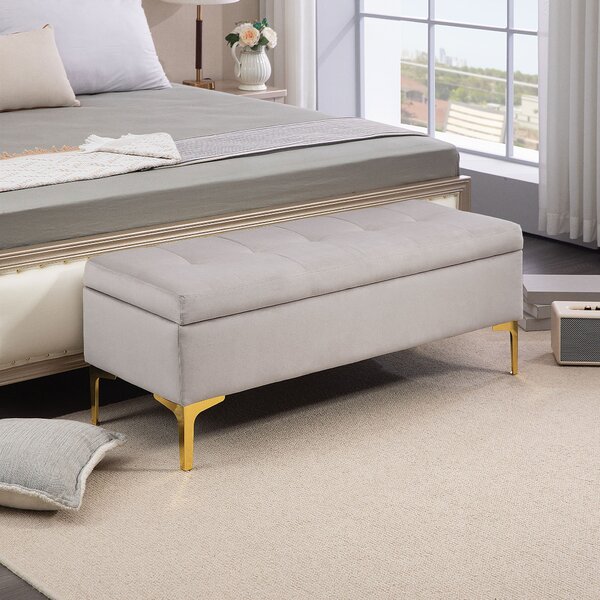 HOMCOM Panca Fondo Letto in Tessuto Vellutato con Vano Contenitore, Gambe in Metallo Dorato e Piedini Antiscivolo, 120x44x44.5cm, Grigio Chiaro|Aosom