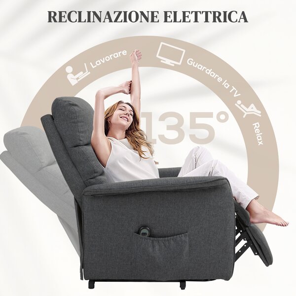 HOMCOM Poltrona Alzapersona Elettrica con 8 Punti Vibranti, 4 Modalità di Massaggio e Riscaldamento, Grigio|Aosom